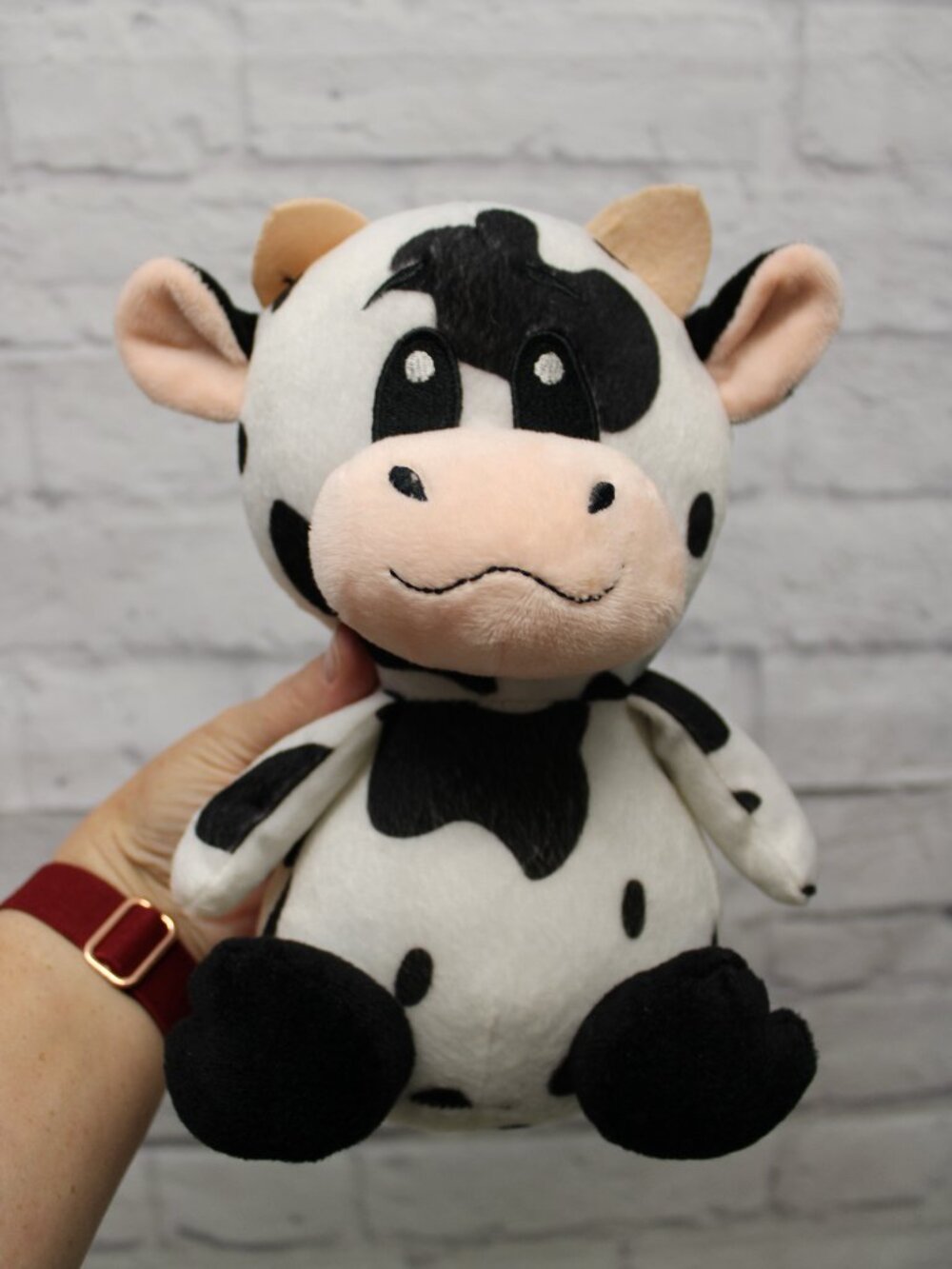 Small Black White Cow Felt Like Plush Toy Embroidered Face - Picture 1 of 8